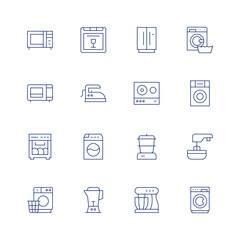 Appliances line icon set on transparent background with editable stroke. Containing microwave, homeappliances, dishwasher, laundry, iron, washingmachine, mixerblender, fridge, glassceramic, steamer.