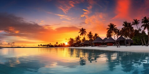 Fototapeta na wymiar Landscape of an exotic tropical island beach at sunset