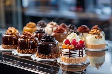 Delicious and beautiful cakes on display in a shop window. Selective focus. - obrazy, fototapety, plakaty
