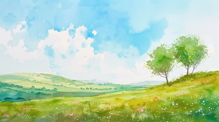 minimalist watercolor painting of Spring panoramic landscape