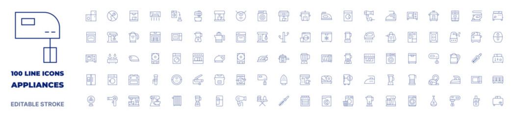 100 icons Appliances collection. Thin line icon. Editable stroke. Appliances icons for web and mobile app. - obrazy, fototapety, plakaty