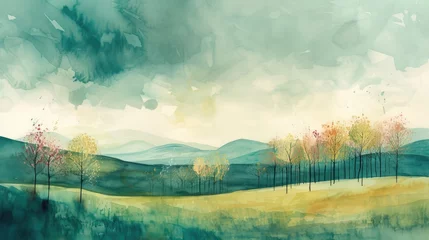 Fotobehang minimalist watercolor painting of Spring panoramic landscape © fledermausstudio