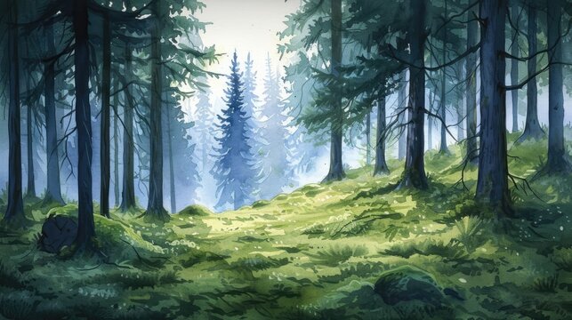 Watercolor painting of a spruce forest