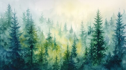 Watercolor painting of a spruce forest