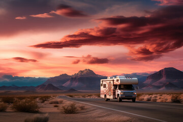 A Camper van driving in a desert landscape at sunset