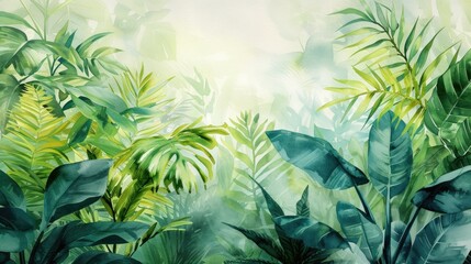 watercolor painting of green tropical vegetation