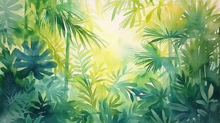 watercolor painting of green tropical vegetation