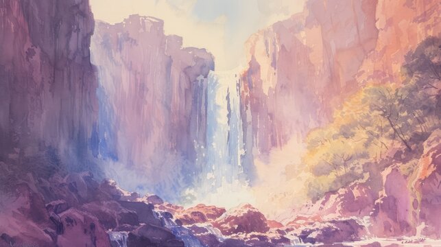 vintage watercolor painting of waterfall view in the canyon