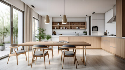 Dining room and kitchen in a new open plan home. Features White walls and ceiling and parquet floors. Beautiful furniture made of wood and marble light-colored furniture fronts - obrazy, fototapety, plakaty