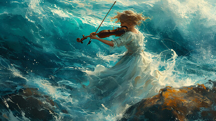 an old girl with a violin playing on a rock between the ocean, generative ai