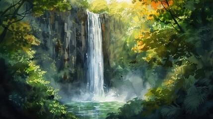 Fototapeta na wymiar watercolor painting of deep forest waterfall