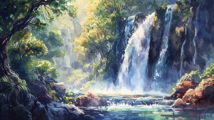 watercolor painting of deep forest waterfall
