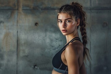 Confident young woman in sportswear with a ponytail looking over her shoulder in a gritty, urban setting.