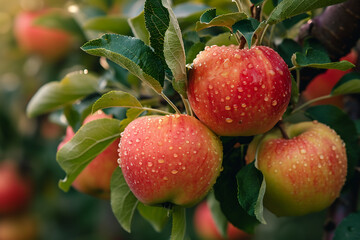 Obraz premium Ripe red apples on a tree branch in an orchard.