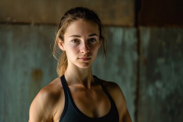Fototapeta na wymiar Portrait of a focused young woman in athletic wear in a gritty, industrial setting.