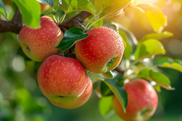 Obraz premium Ripe red apples on a tree branch in an orchard.