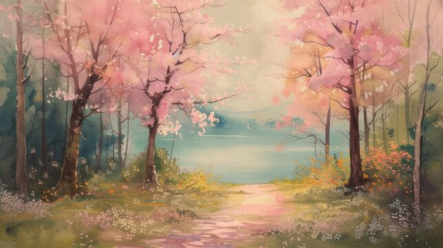 vintage watercolor painting of Cherry Blossom Pathway