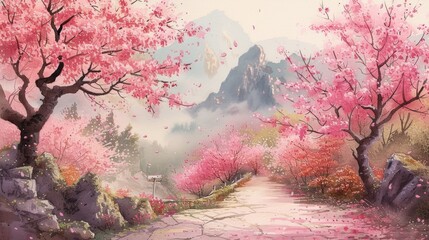 vintage watercolor painting of Cherry Blossom Pathway - obrazy, fototapety, plakaty