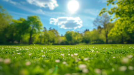 Green grass and flowers in the park under blue sky with white clouds