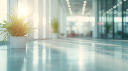 Blurred image of an office lobby with a green plant in a pot.