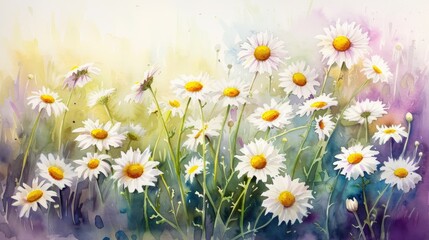 watercolor painting of Chamomiles daisies in summer spring field