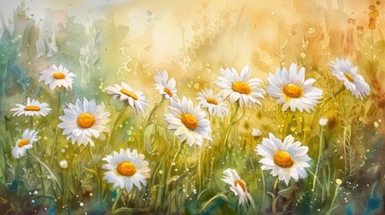 watercolor painting of Chamomiles daisies in summer spring field