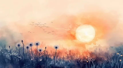 Fototapeten vintage watercolor painting of sunset dandelion © fledermausstudio