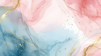 blue, pink, ivory, beige watercolor and gold line art abstract background