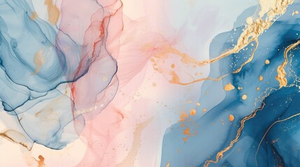 Naklejka premium blue, pink, ivory, beige watercolor and gold line art abstract background