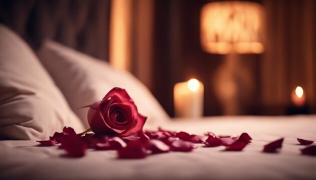 Roses and rose pedals on the bed as a romantic gesture. 
