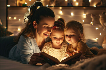 A mother reading a bedtime story to her children
