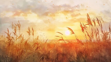 watercolor painting of sunset in the reeds and meadow - obrazy, fototapety, plakaty