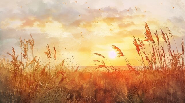 watercolor painting of sunset in the reeds and meadow