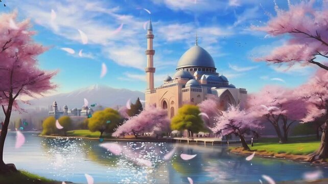 Illustration of a lake and falling cherry blossom trees against the backdrop of a magnificent mosque, seamless looping time-lapse virtual video animation background