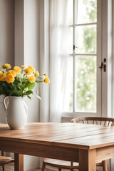Wooden table in empty home interior on background. Blurred in bright room. Summer morning vibes.