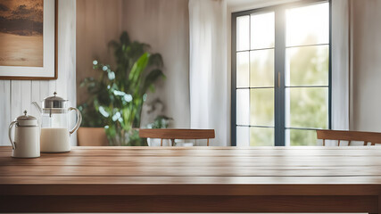 Wooden table in empty home interior on background. Blurred in bright room. Summer morning vibes.