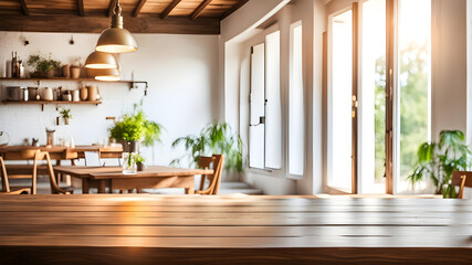 Wooden table in empty home interior on background. Blurred in bright room. Summer morning vibes.