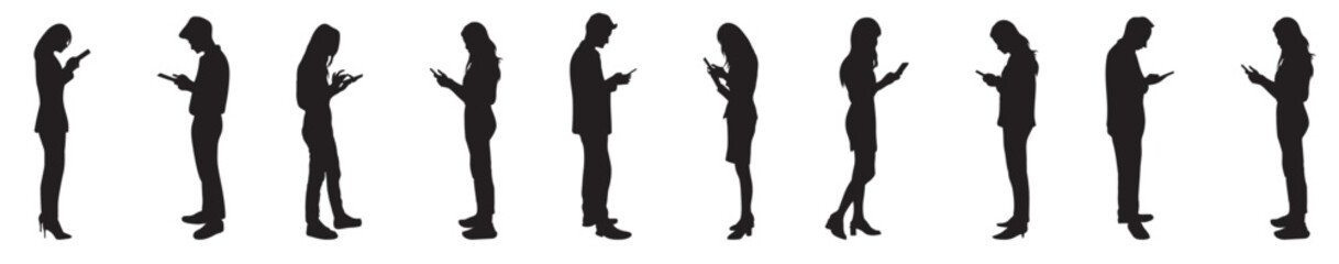 Set of people silhouettes on a transparent isolated background. Young people use gadgets, phones, smartphones.