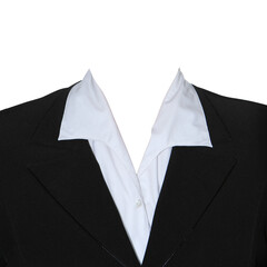 Formal wear for women. Black suit with white blouse. Strict business jacket.