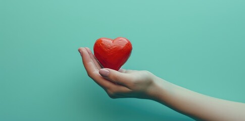 Fototapeta premium Close-up hand holding red heart concept on green background.