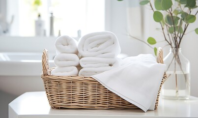 Fototapeta na wymiar Basket with white towels on the countertop in the bathroom.