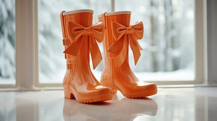 orange Rubber boots with bows. The trend for bows in 2024. Shoes with bows