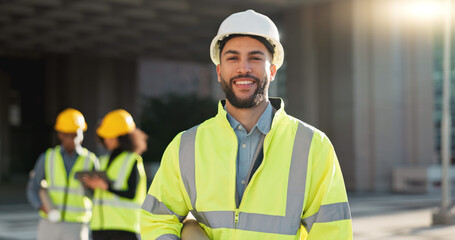 Happy man, architect and city for construction management or teamwork in leadership on site. Portrait of male person, contractor or engineer smile for professional architecture, project or ambition - obrazy, fototapety, plakaty