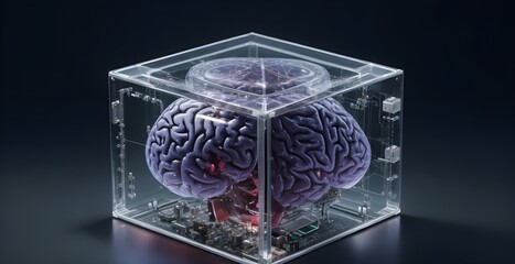 brain encased within a transparent cube on microchip circuitry. ai artificial intelligence concept Ai generated