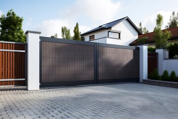 Wide automatic sliding gate with remote control. Security and protection concept