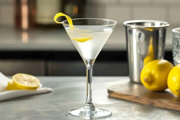 Vodka martini cocktail with lemon twist in a bar setting
