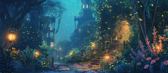 Enchanted garden pathway with glowing lanterns at twilight. Fantasy and magic.