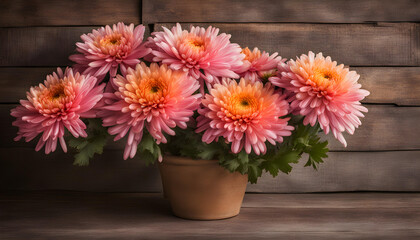 Fototapeta na wymiar Pink and orange chrysanthemum flowers mud pot with rustic background