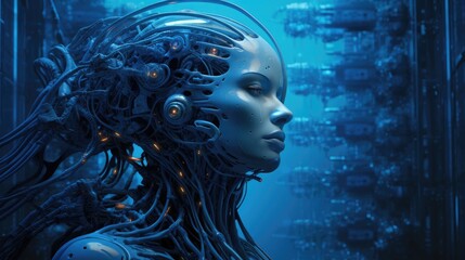 Close up 3D rendering of a humanoid robot s face