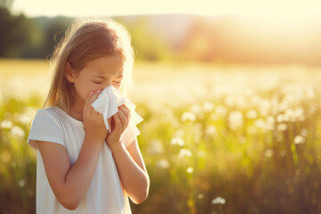 A young girl is suffering from a spring pollen allergy - obrazy, fototapety, plakaty